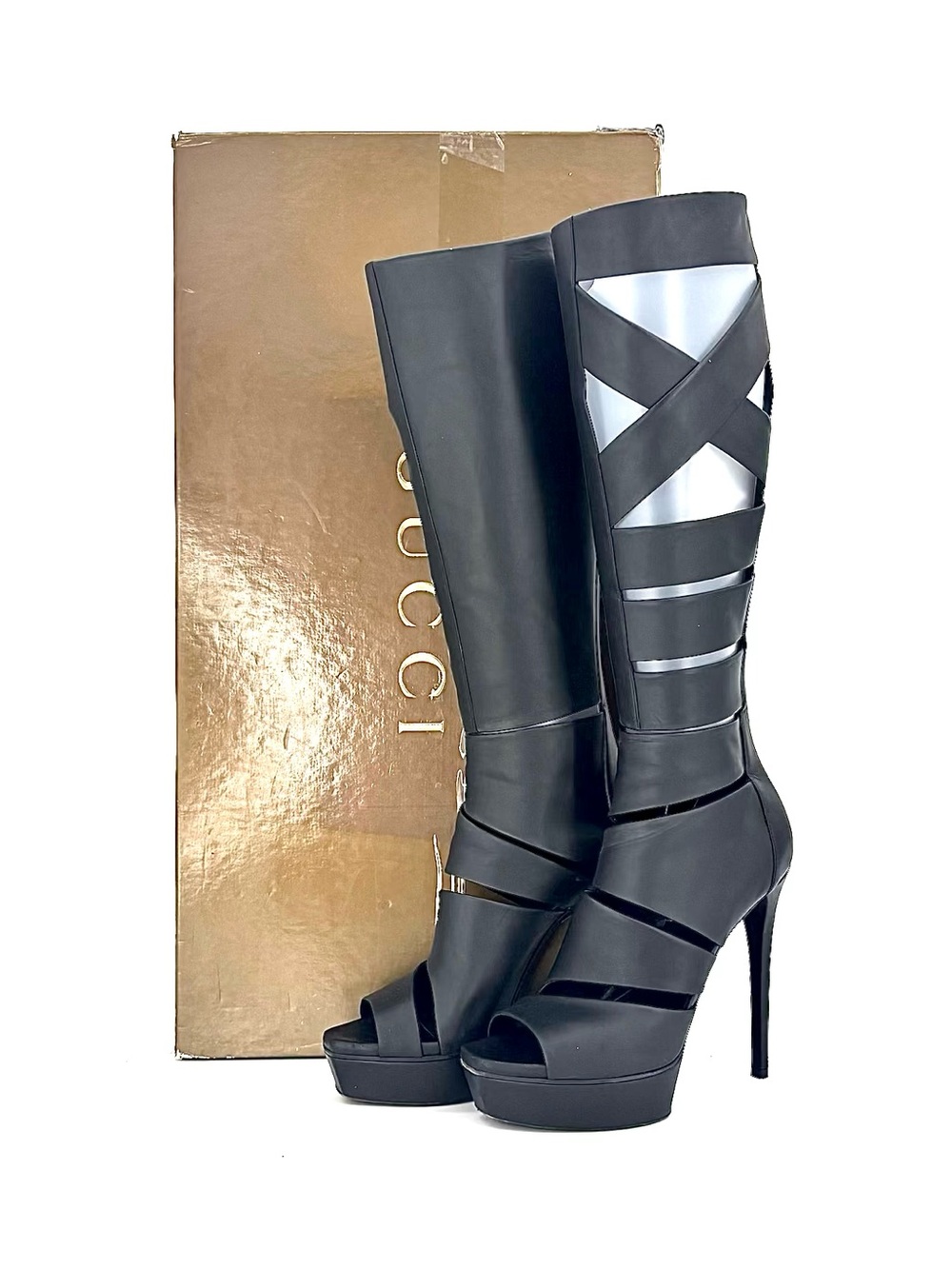 Gucci SS2010 Helena Babylon Cutout Bondage Knee High Platform Boots Sandals 37.5 - Picture 2 of 12